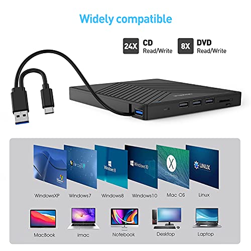 ORIGBELIE External CD DVD Drive, USB 3.0 & 4 USB Ports & 2 TF/SD Card Slots | Ultra Slim CD DVD ROM Player Burner Reader Writer Rewriter Optical Disk Drive for Laptop PC Mac OS Windows 11/10/8/7 Linux - size: 5.6" x 6" x 0.7"