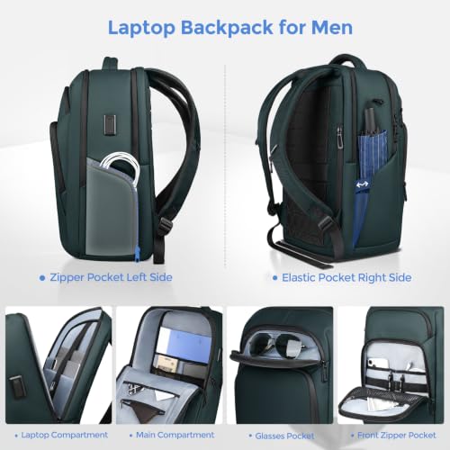 17.3 Inch Laptop Backpack for Men Women, 30L Travel Backpack | Carry-On Flight Approved,Work Computer Backpack with USB A&C Port,Business Laptop Bag,WaterResistant Anti-Theft Daypack - color: Dark Green