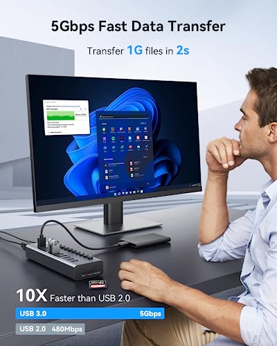 WENTER Powered USB Hub 3.0 with SD/TF Card Reader, Aluminum 10 Port Powered USB Hub (9 USB 3.0 Data Transfer Port & 1 USB Fast Charging Port Hub) USB 3.0 Hub for PC, Laptop - size: 9+1