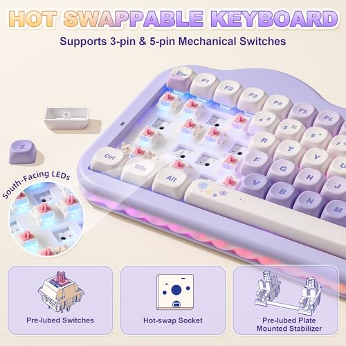 YUNZII C75 Cute 75% Wireless Mechanical Keyboard (Purple, Candy Switch) | Creamy Cake Keyboard, BT5.0/2.4G/USB-C, Hot-Swap, NKRO, PBT MOA Keycaps,5500mAh RGB Gasket Mount for Mac/Win/Gaming/Office - color: Purple, size: Candy Switch