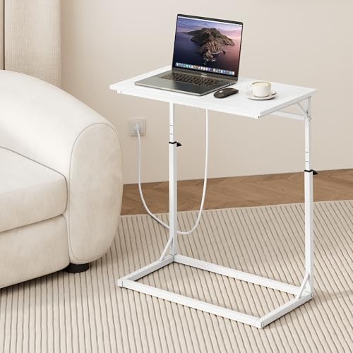 C Shaped End Table with Charging Station, C-Table End Table Adjustable Height Side Table for Couch, Large Couch Table, Slide Under Sofa Table TV Tray Arm Table for Living Room, Bedroom, White - color: White, style: With Plug