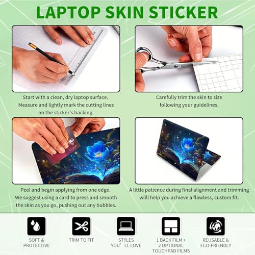 Laptop Skin Sticker Decal, Universal Protective Cover Fit 12 13 14 15.6 Inch Notebook, Reusable Water-Resistant Vinyl Decal w/ 2 Wrist Pads for Business Travel Office, Book Flower - color: Book Flower