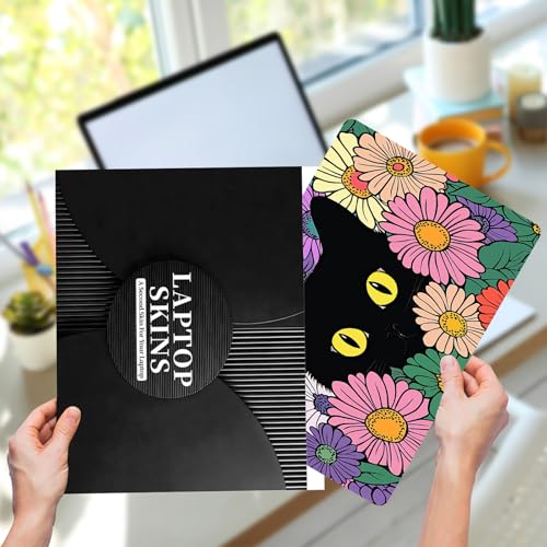 Laptop Skin Sticker for 12.1”-15.6“ Laptops (Fits 13”, 13.3”, 14”, 15”, 15.4”) | Protective Universal Reusable Vinyl Art Decal Cover | Waterproof & Scratch-Resistant-Black Cat in the Flowers - color: Black Cat in the Flowers