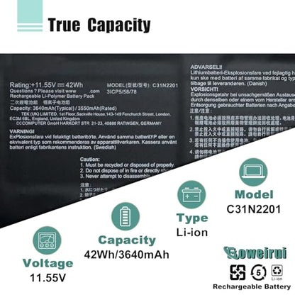 C31N2201 Laptop Battery Replacement for ASUS Vivobook 15 X1504VA X1504ZA F1504ZA Go 15 E1504FA E1504GA 14 OLED X1405VA 16 M1605YA 14X X1403VA 15X M3504YA 16X M3604YA Series 42Wh 3640mAh - size: 10.03*3.38*0.27inch C31N2201