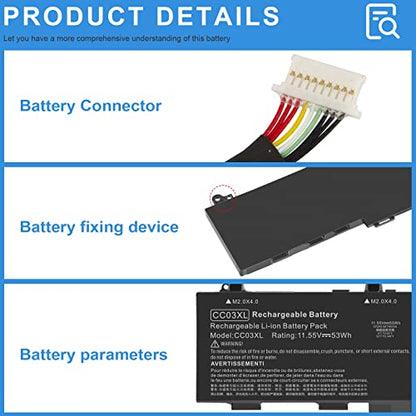 CC03XL HSTNN-DB9Q Laptop Battery Replacement for HP Probook 635 ZBook Firefly 14 G7 G8 Aero Series EliteBook 830 835 840 845 G7 G8, L77608-2C1 L77608-421 L78555-005 CC03053XL-PL 11.55V-53Wh - size: 10.47*2.09*0.28inch