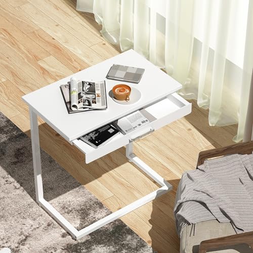 C Shaped End Table,Small Couch Side Table with Drawer,for Living Room, Bedroom Magazines, Computers, Coffee, Small Objects Storage.White - color: White