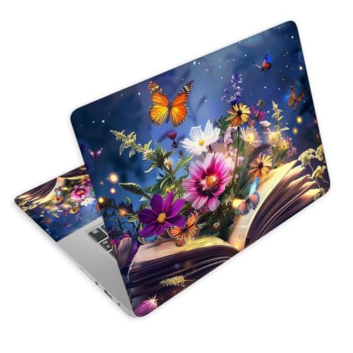 Universal Laptop Skin Decal, 3-Piece Vinyl Protector for 12 13 14 15.6" Notebook, Waterproof Anti-Scratch, Easy Trim & Bubble-Free Finish, Book with Flowers and Butterflies - color: Book with Flowers and Butterflies
