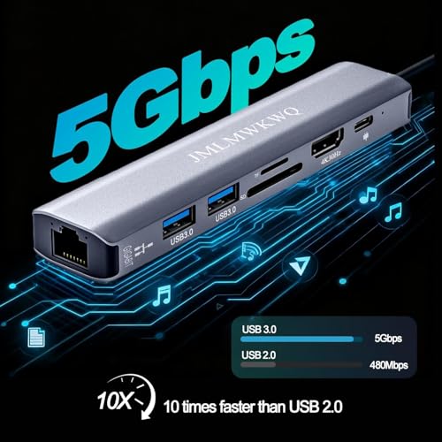 7-in-1 USB-C Hub with Gigabit Ethernet, 100W PD Fast Charging, 4K@30Hz HDMI Adapter, 2 USB 3.0 Ports, SD/TF Card Reader, and Aluminum Alloy Portable Docking Station for laptops/Phones (30Hz) - size: 30Hz