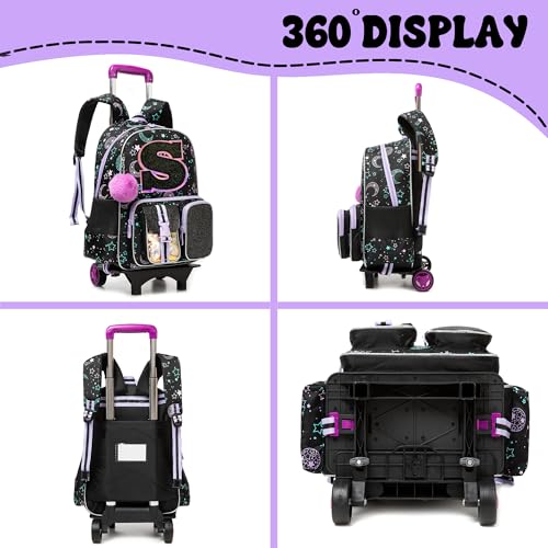 HTgroce Cute Rolling Backpack with Wheel,School Backpack for Kids Girl Roller Schoolbag Wheeled Backpacks Set Carry-on Luggage,Black S - color: Black, style: S