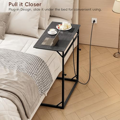 C Shaped End Table with Charging Station, Large C-Table End Table Adjustable Height Side Table for Couch, Sofa Table Slide Under Couch Table TV Tray Table for Living Room, Bedroom,Gray Walnut - color: Gray Walnut, style: With Plug