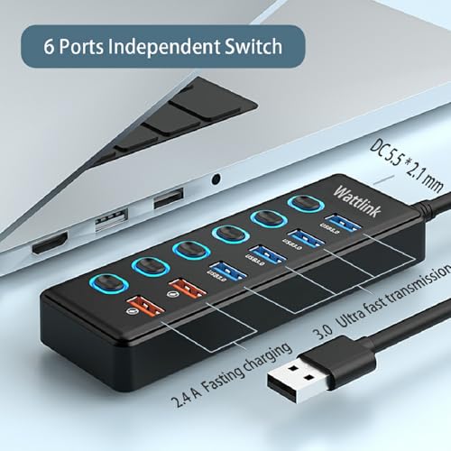 Powered USB 3.0 Hub, 6 Ports Hub Splitter with Power Adapter, 4 Data Ports + 2 QC 3.0 Fast Charging Ports, Individual LED Switches, Black