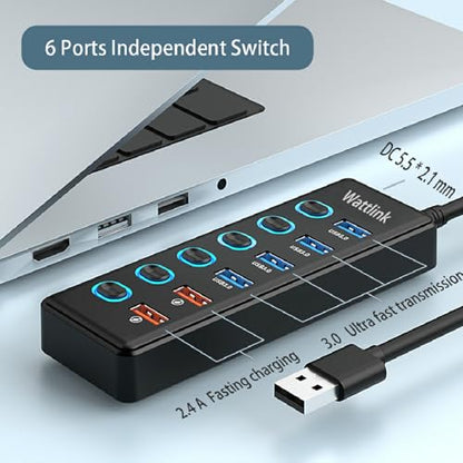 Powered USB 3.0 Hub, 6 Ports Hub Splitter with Power Adapter, 4 Data Ports + 2 QC 3.0 Fast Charging Ports, Individual LED Switches, Black