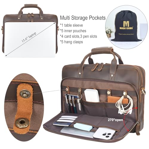 Masa Kawa Leather Briefcase for Men 15.6" 17" Laptop Business Messenger Bag | Computer Sleeve, Travel Luggage Strap, Professional Office Work Lawyer Crossbody Shoulder Attache Case - color: Deep Brown - Fits 15.6 Inch Laptop