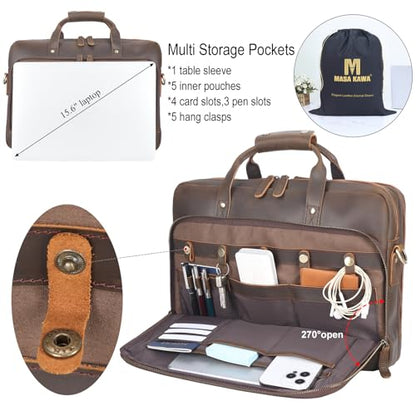 Masa Kawa Leather Briefcase for Men 15.6" 17" Laptop Business Messenger Bag | Computer Sleeve, Travel Luggage Strap, Professional Office Work Lawyer Crossbody Shoulder Attache Case - color: Deep Brown - Fits 15.6 Inch Laptop