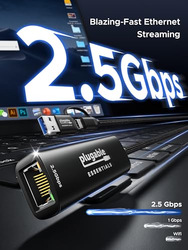 Plugable 2.5Gbps USB C to Ethernet Adapter, 2-in-1 USB-A & USB-C Ethernet Adapter for laptop |Aluminum, Braided, 2.5Gbps High Speed| Compatible for Thunderbolt 4/3, MacBook Air/Pro, iPad, Windows, XPS