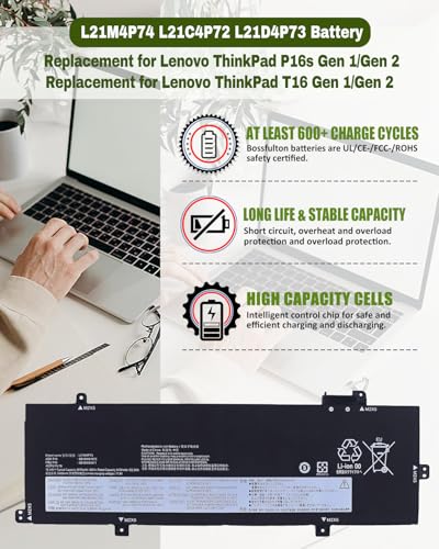 86Wh L21M4P74 L21C4P72 Replacement for Lenovo ThinkPad T16 Gen 1 / Gen 2 & ThinkPad P16s Gen 1 / Gen 2 Series – Parts L21D4P73 L21M4P73 L21L4P72 L21D4P72-15.44V - size: 12.57*4.32*0.19 IN L21M4P74