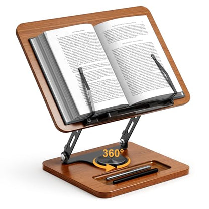 OPTIXCELL Book Stand for Reading, 360° Rotating Book Holder, Page Clips | Hands Free, Built-in Storage Tray, Adjustable Height Angle, Non-Slip, Foldable 13.3x9.4x1.9in, Fits Cookbook Tablet & Laptop - style: Book Stand