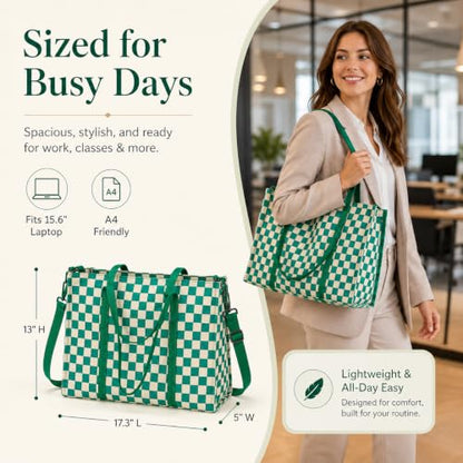 BTOOP Work Tote Bag for Women, Laptop Tote Bag With 15.6 Inch Padded Compartment, Teacher Nurse Bible Bags - color: Green-white Checkered