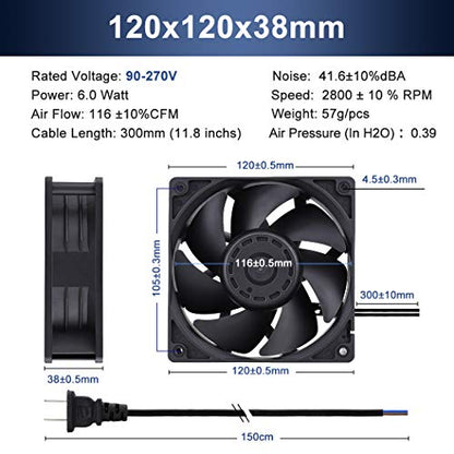 Wathai EC Industrial Case Fan 120mm x 38mm AC 110V 120V Cooling Fan | 110V - 240V Brushless Muffin Axial Fan Dual Ball Big Airflow 116 CFM 120x120x38mm for External Electronics Cooling - style: 120x38mm