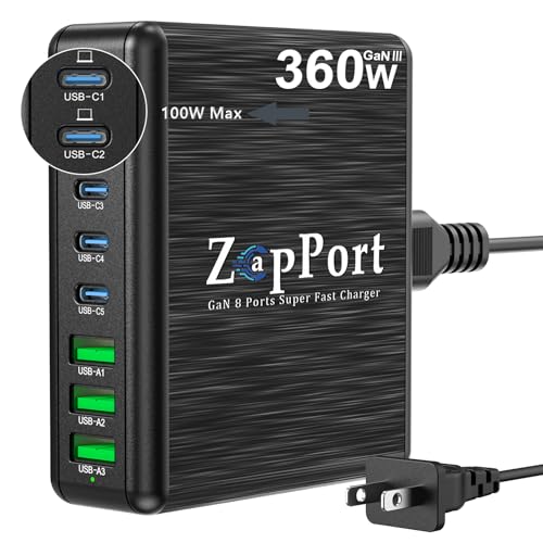 360W USB C Charging Station - 8 Ports Fast Charger Block | PD 100W | GaN Charger Block for Multiple Devices, Charging Hub for Laptop MacBook Pro/Air/iPad Pro/iPhone