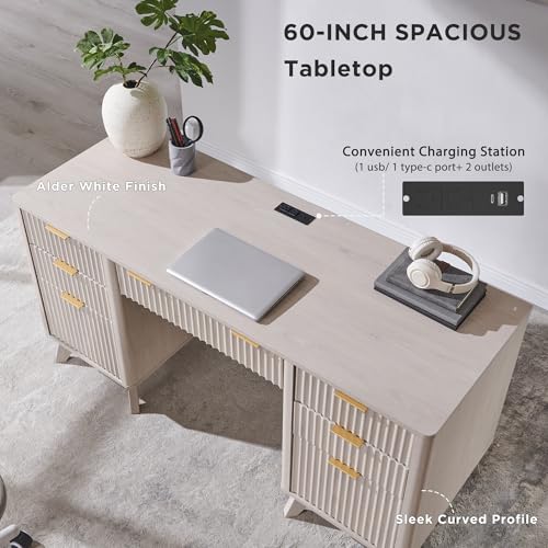 T4TREAM Fluted Executive Desk with Drawers, 60" Modern Home Office Computer Desk with Charging Station, File Cabinet, Keyboard Tray and Storage Cabinet for Study, Living Room, Bedroom, Alder White - color: Alder White