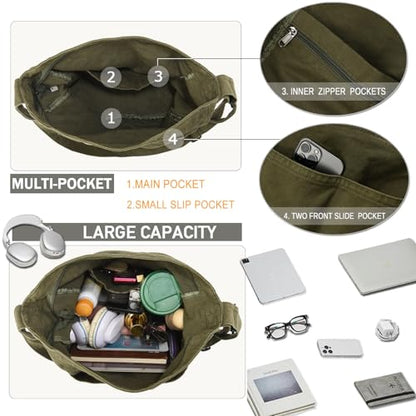 Canvas Tote Bag Casual Hobo Crossbody Shoulder Bag for Women and Men Large Purse Messenger Bag Travel Work - color: 1-army Green
