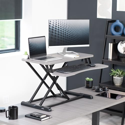VIVO Dark Gray 32 inch Standing Desk Converter, DESK-V000KG | Height Adjustable, Stand Up Desk Riser, Wide Keyboard Tray, Dual Monitor and Laptop Workstation, Black Frame, K Series - color: Dark Gray, size: 32"