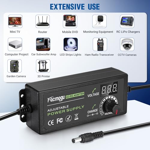 Facmogu 9V-24V 3A 72W Adjustable Power Adapter with LED Display, Multi-Voltage 100V-240V AC to DC 9V 12V 15V 16V 18V 19V 20V Universal AC/DC Variable Power Supply, Various Voltage AC to DC Converter - size: 9-24V 3A