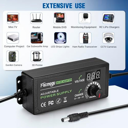 Facmogu 9V-24V 3A 72W Adjustable Power Adapter with LED Display, Multi-Voltage 100V-240V AC to DC 9V 12V 15V 16V 18V 19V 20V Universal AC/DC Variable Power Supply, Various Voltage AC to DC Converter - size: 9-24V 3A