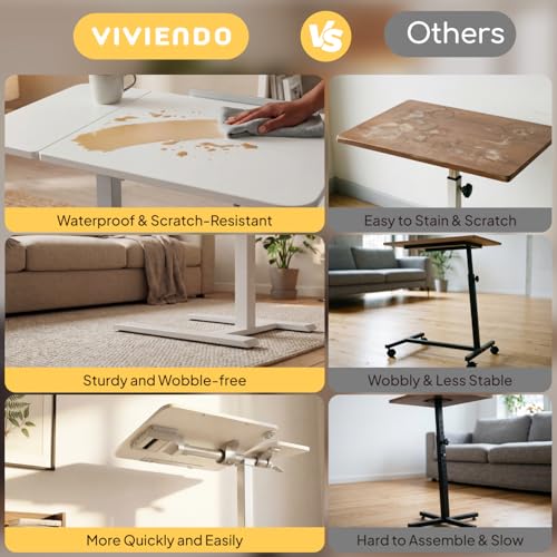 Overbed Table with Wheels, Height Adjustable Hospital Bed Table, Dual-Tiltable Rolling Laptop Desk for Bed, Hidden Casters H-Base Portable Side Table for Couch, Hospital & Home Office - color: White