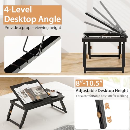 Giantex Bamboo Laptop Desk for Bed, Adjustable Serving Tray Breakfast Table with Tilting Desktop, Folding Lap Tray with Removable Stopper, Cooling Holes & Small Side Drawer (Black) - color: Black