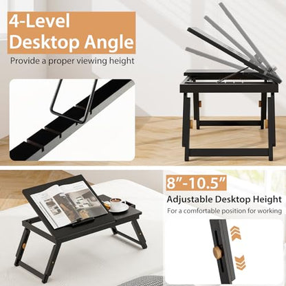 Giantex Bamboo Laptop Desk for Bed, Adjustable Serving Tray Breakfast Table with Tilting Desktop, Folding Lap Tray with Removable Stopper, Cooling Holes & Small Side Drawer (Black) - color: Black