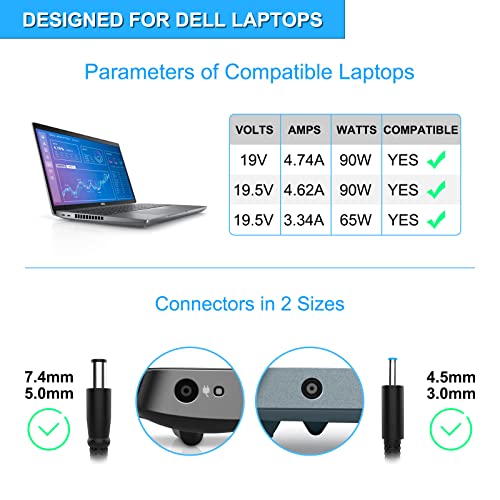 VHBW for Dell Laptop CAR Charger 90W, Compatible with Dell Inspiron 11 13 14 15 15R 17 17R 3000 5000 7000 Series Latitude XPS Precision Studio Vostro Laptop Cord Power Supply