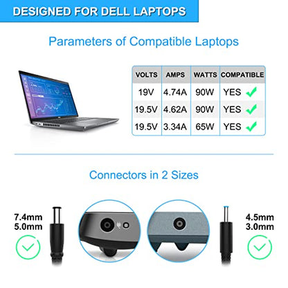 VHBW for Dell Laptop CAR Charger 90W, Compatible with Dell Inspiron 11 13 14 15 15R 17 17R 3000 5000 7000 Series Latitude XPS Precision Studio Vostro Laptop Cord Power Supply