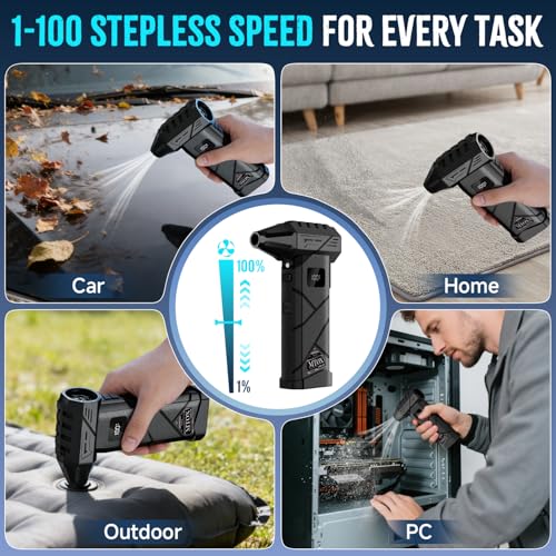 MTOX Compressed Air Duster, 2 Swappable Battery,150,000RPM Super Power Rechargeable Electric Air Duster, Blower, 2in1 Vacuum, 4-Gear Adjustable, LED, for Keyboard, PC, Car, Home (Frosted Black) - color: Frosted Black