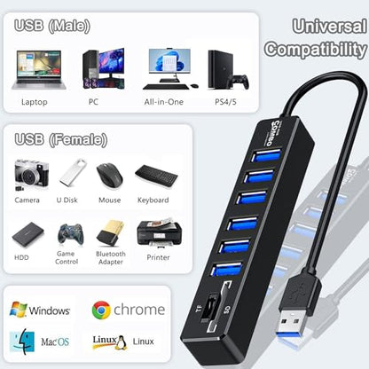 USB Hub with SD/TF Card Reader, VIENON 8 in 1 USB Extender USB Splitter with SD/Micro SD Memory Card Reader and 6 USB 2.0 Ports for PC, Laptops, Surface Pro, MacBook, iMac Pro-3FT