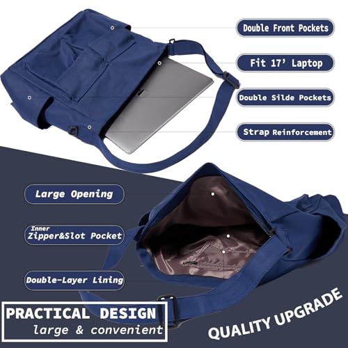 Canvas Messenger Bag Large Hobo Crossbody Bag with Multiple Pockets Casual Shoulder Tote Bag for Women and Men - color: Navy