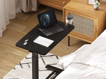 28'' Medical Overbed Bedside Table with Wheels,Rolling Table | 28''x16'' Black Table Top+Black Edging Pneumatic Tilting Desktop,Overbed Table with Hidden Casters for Hospital Use - color: Black+black, size: Small