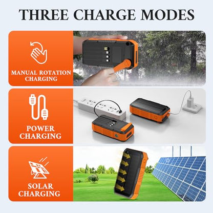 Hand CrankPower Bank 66800mAh and 4 Cables 22.5W Fast Charge Power Bank 5 Outputs & 3 Inputs Solar Portable Charger (Orange) - color: orange