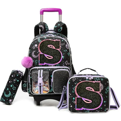 HTgroce Cute Rolling Backpack with Wheel,School Backpack for Kids Girl Roller Schoolbag Wheeled Backpacks Set Carry-on Luggage,Black S - color: Black, style: S