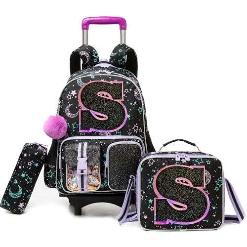 HTgroce Cute Rolling Backpack with Wheel,School Backpack for Kids Girl Roller Schoolbag Wheeled Backpacks Set Carry-on Luggage,Black S - color: Black, style: S