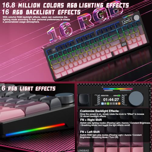 LINGBAO K98 PRO Wireless Mechanical Gaming Keyboard with Screen & Knob | Tri-Mode BT5.0/2.4G/USB-C, Gasket Mount Hot Swappable Linear Switches, RGB Backlit Creamy Sounding for PC/Mac Office& Gaming - color: K98Pro | 10000mAh | Gradient Black Pink