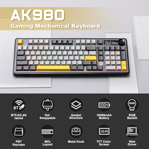 AJAZZ AK980 Wireless Keyboard with Smart Display & Knob,98% Mechanical Keyboard Tri-Mode BT/2.4G/USB-C, Hot Swappable, PBT Keycaps, with RGB Light for Win & Mac(Black,Murad Switch) - color: Black