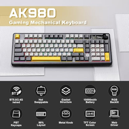 AJAZZ AK980 Wireless Keyboard with Smart Display & Knob,98% Mechanical Keyboard Tri-Mode BT/2.4G/USB-C, Hot Swappable, PBT Keycaps, with RGB Light for Win & Mac(Black,Murad Switch) - color: Black