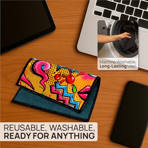 Microfiber Wholesale Quick Cloth Glasses Cleaning Cloths – 5x7 Popart | 2 Pack with Case | Double-Sided Lens Cleaner for Eyeglasses, Camera, Screens & Glass | Reusable Microfiber Glass Polishing - color: Popart, size: 5"x7"