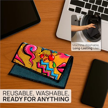 Microfiber Wholesale Quick Cloth Glasses Cleaning Cloths – 5x7 Popart | 2 Pack with Case | Double-Sided Lens Cleaner for Eyeglasses, Camera, Screens & Glass | Reusable Microfiber Glass Polishing - color: Popart, size: 5"x7"