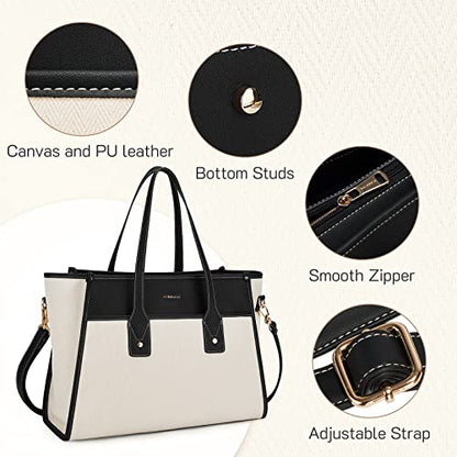 Missnine Tote Bag Canvas Laptop Bag 15.6 inch Work Bags for Women Teacher Bag Casual Computer Shoulder Purse for Office, College, Travel - color: Black+beige