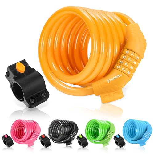 Etronic Bike Lock M6, Cable Lock 6 Feet Long Coiled Security Resettable Combo Combination Lock Bicycle Lock with Mounting Bracket - color: Yellow