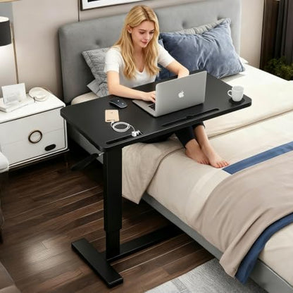 BeGyoku Overbed Table with Hidden Wheels, Pneumatic Height Adjustable Rolling Bedside Table, Hospital Home Use (Black) - color: Black