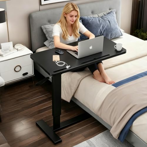 BeGyoku Overbed Table with Hidden Wheels, Pneumatic Height Adjustable Rolling Bedside Table, Hospital Home Use (Black) - color: Black